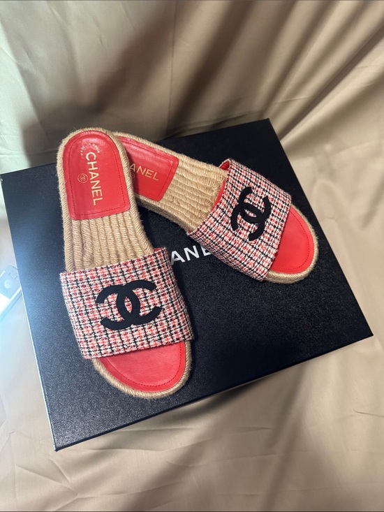 CHANEL Shoes - CHANEL Red Tweed Logo Slide Sandals